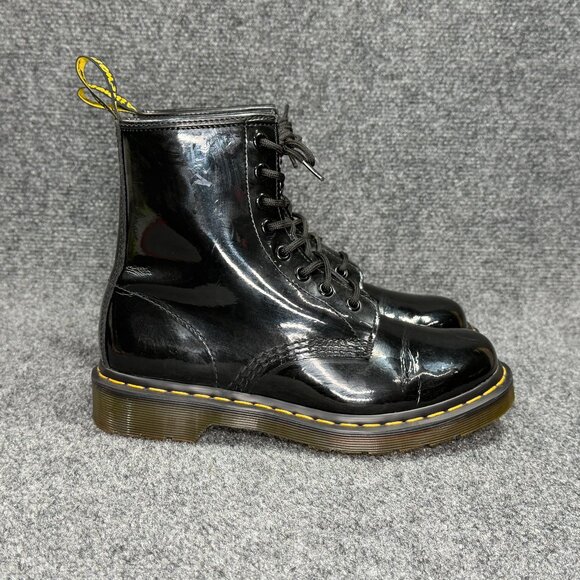 Dr. Martens Shoes - Dr. Martens 1460 Boots Women's Black Patent Leather Lace Up Retro Combat Moto